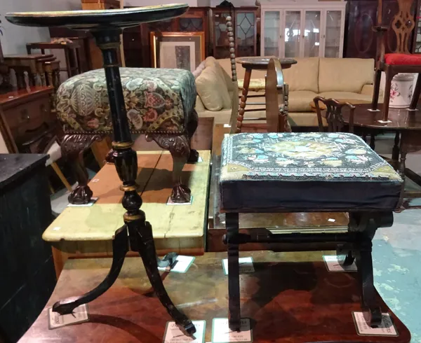 An early 20th century chinoiserie decorated wine table, 36cm wide x 70cm high and an ebonised 'X' frame footstool, (2).   H9