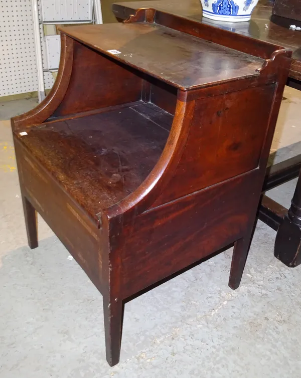 A George III mahogany commode with galleried top on tapering supports, 58cm wide x 78cm high.  BAY 3