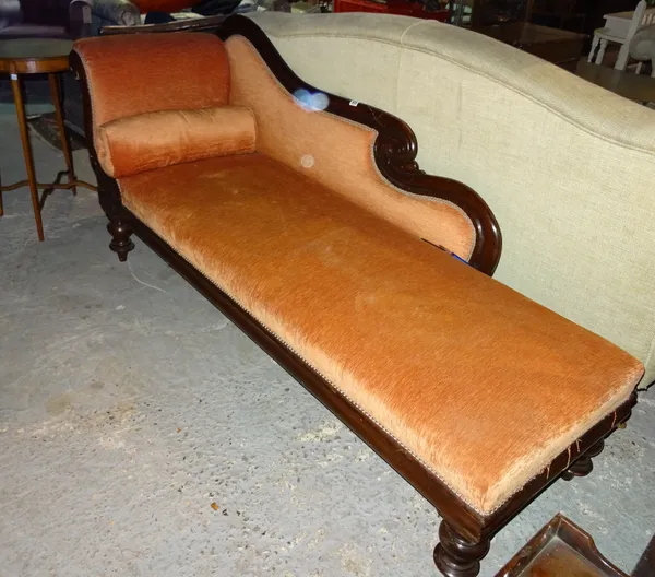 A Victorian mahogany framed chaise longue on turned supports, 20cm long.  I4
