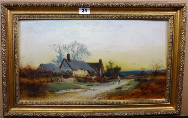M** K** (early 20th century), Cottage at sunset, oil on canvas, signed with initials, 24.5cm x 45cm.  L1