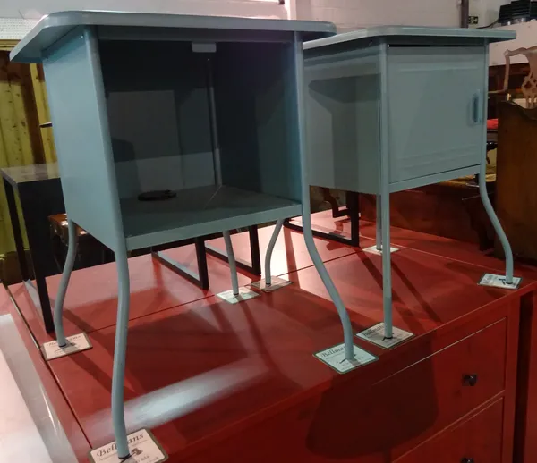 A pair of 20th century blue painted metal bedside cupboards, 46cm wide (2).   H8