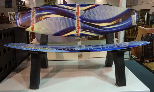 A 20th century plastic framed bench formed from wakeboards, 140cm wide.  F8