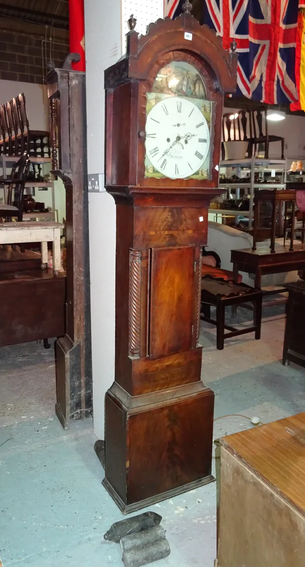 J. Delve Barnstaple; an early 19th century mahogany 8 day longcase clock, the painted dial with rocking ship to the arch, the twin train movemet on a