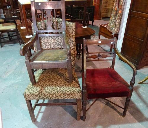 A Regency mahogany open armchair, a George III upholstered dining chair and a 19th century mahogany child's open armchair, (3).   C6