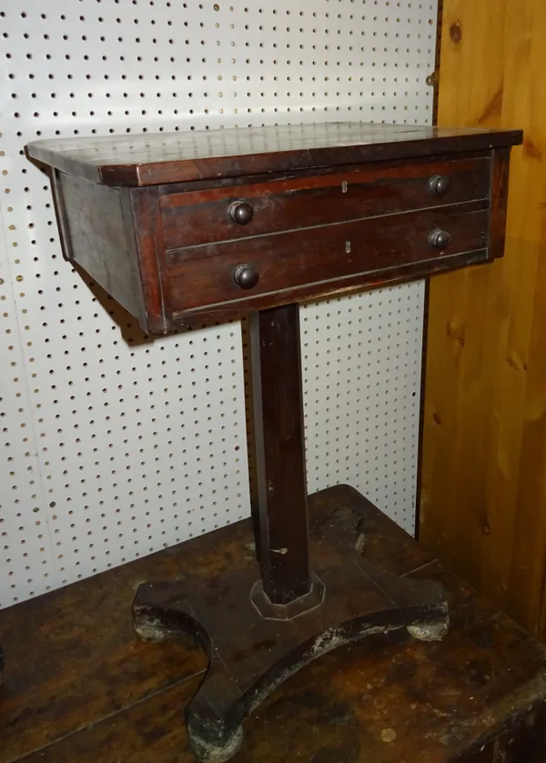 A Regency rosewood two drawer work table on quatrefoil base, 47cm wide x 73cm high.  J10