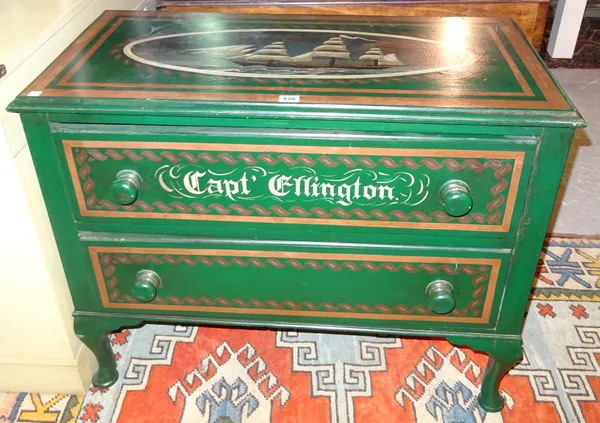 A 20th century green painted chest of two short drawers, with painted ship decoration, 91cm wide x 72cm high.  F5
