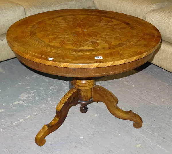 A 19th century walnut Sorrento tripod table, on three downswept supports, 80cm wide x 59cm high.  L8