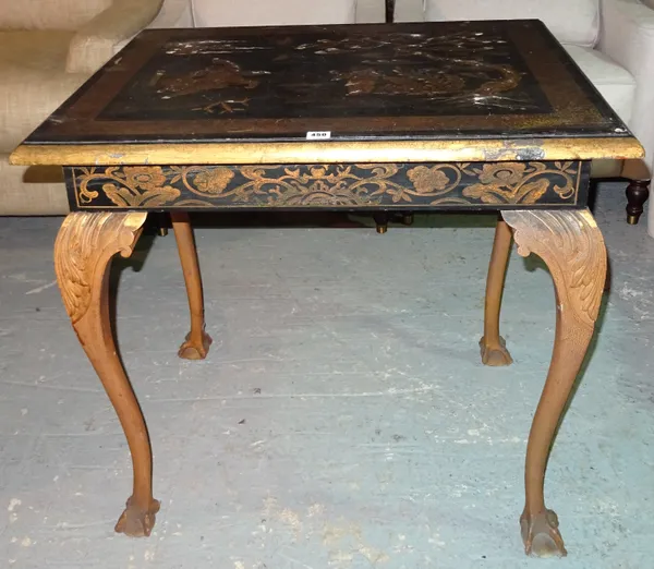 An early 20th century chinoiserie decorated centre table, on ball and claw supports, 80cm wide x 84cm high.  L8