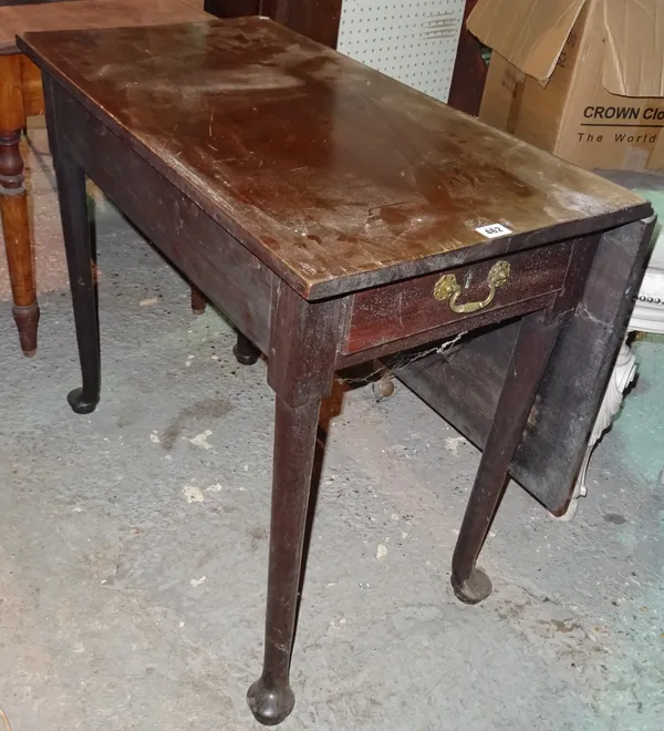 A George III mahogany drop flap table, with single drawer on tapering pad feet, 86cm wide x 71cm high.  J4