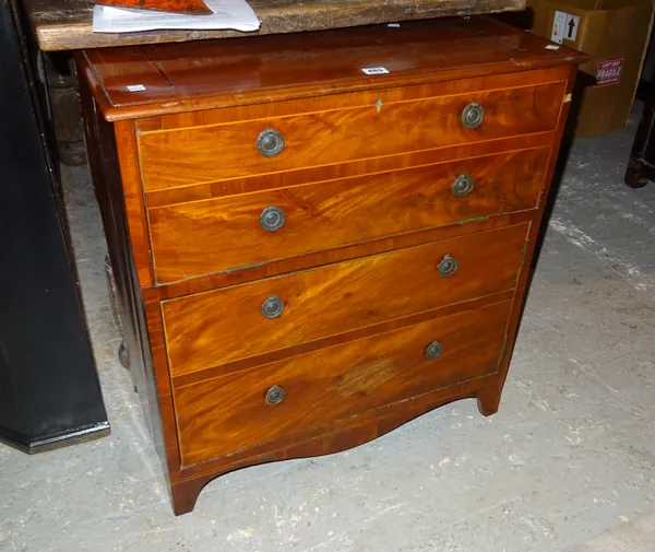 An Edwardian mahogany side cupboard in the form of a chest of drawers, 69cm wide x 21cm high and a 19th century square occasional table, 36cm wide x 7
