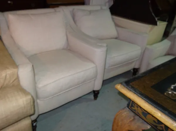 A pair of 20th century grey upholstered armchairs, (2).  L8