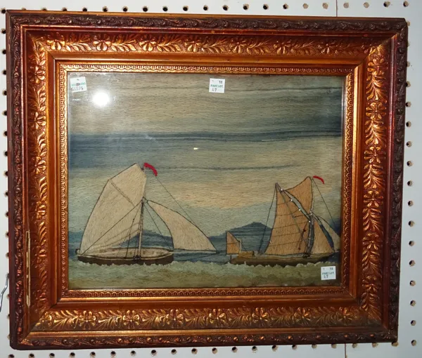 A late Victorian woolwork picture of two fishing boats, 36 wide x 25cm high and a Berlin woodwork picture, 30cm wide x 50cm high (a.f.), (2).   CAB