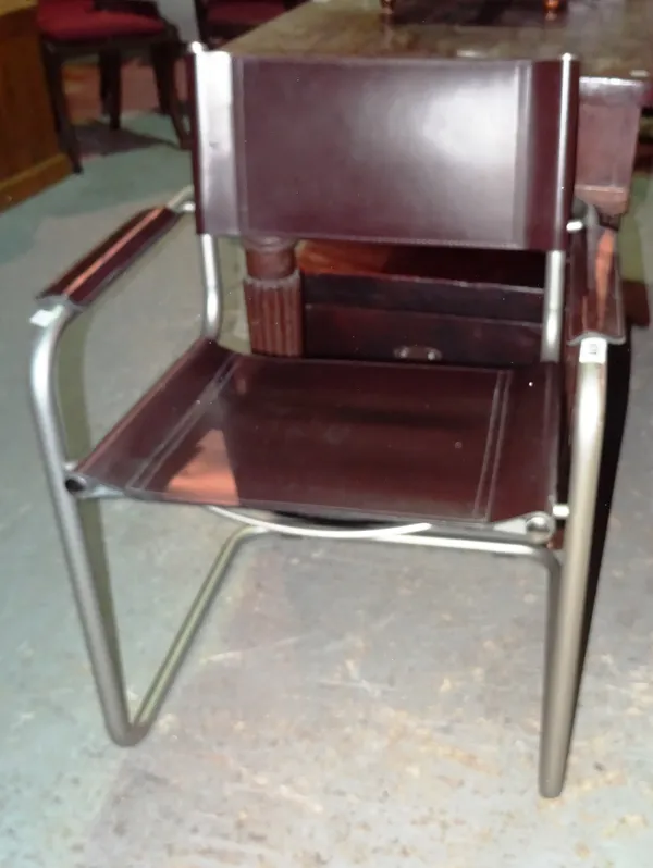 A 20th century Marcel Breuer style tubular metal desk chair, with brown leather upholstery.  L8