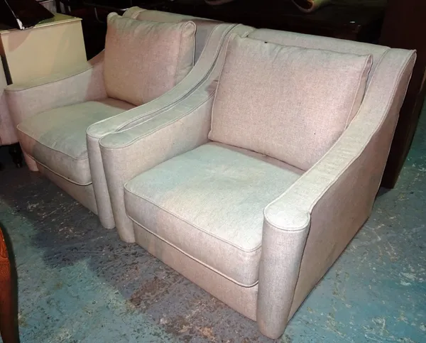 A pair of 20th century grey upholstered wingback armchairs, (2).  L7