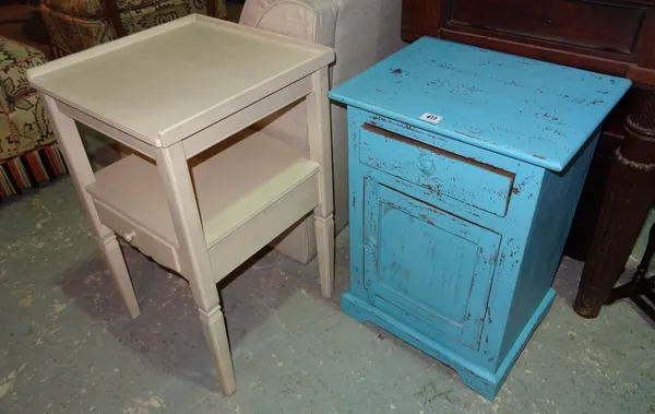 A 20th century blue painted bedside cupboard, 42cm wide x 60cm high and a grey painted two tier side table, 40cm wide x 62cm high, (2).  J7