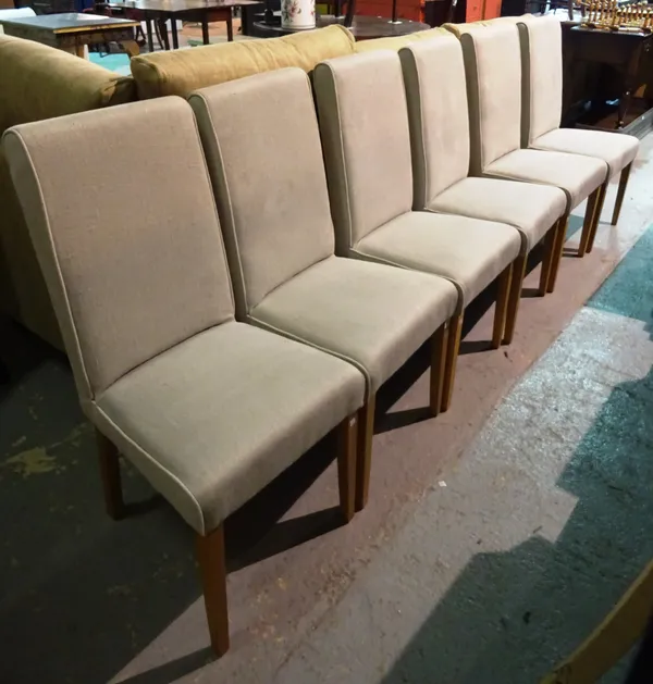 A set of six 20th century grey upholstered dining chairs, (6).  L9