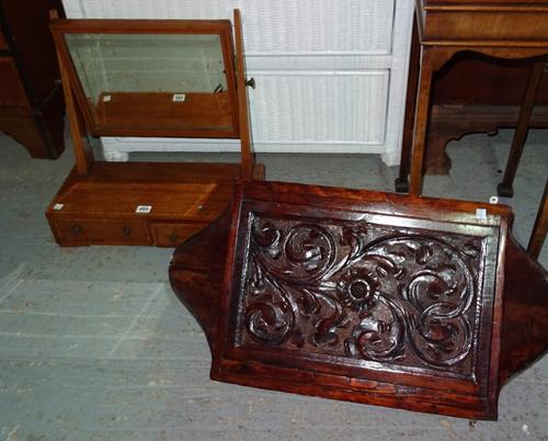 A 20th century stained pine hanging corner cupboard, 35cm wide x 74cm high,an Edwardian mahogany toilet mirror 48cm wide x 54cm high and a mahogany ni
