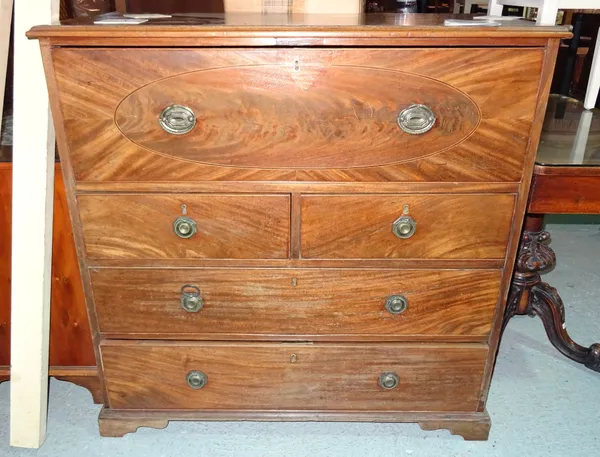 A 19th century mahogany secretaire chest with two short and three long drawers on ogee bracket feet, 105cm wide x 105cm high.  M6