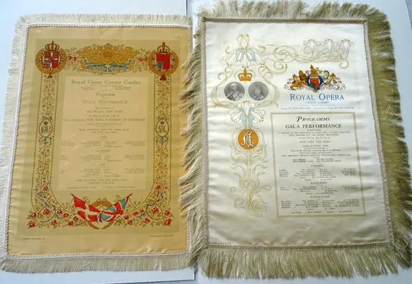 ROYAL OPERA COVENT GARDEN - 2 coloured silk programmes; Gala Performance in honour of the Coronation of King Edward VII & Queen Alexandra, June 30, 19