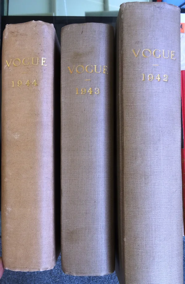 VOGUE - 3 bound volumes for the complete years 1942, 1943 & 1944; illus. throughout, much in colour & with the upper coloured pictorial wrappers (no l