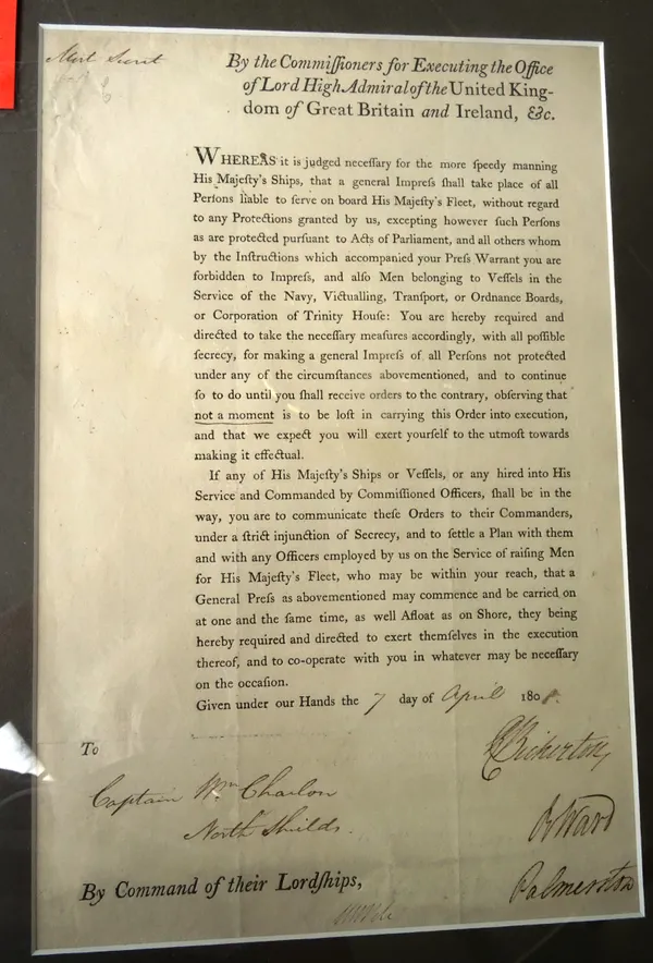 LORDS COMMISSIONERS OF THE ADMIRALTY - a notice relating to Impressment for the Navy, to Capt. Charlon, North Shields, dated 7th April, 1808. 28 lines