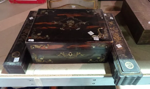 Collectables, comprising; 19th century gilt metal and etched glass three division desk stand and a coromandel jewellery box, (a.f) and two cased Asian
