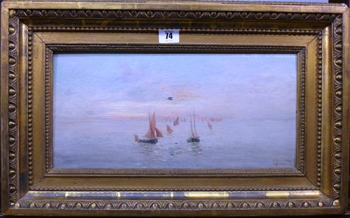 L** Proust (19th century), Vessels off the coast at sunrise, oil on panel, signed 19,5cm x 38cm. K1