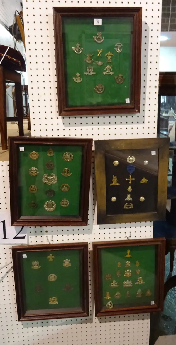 Military interest, comprising; five 20th century framed and glazed displays of WWI & WWII badges, (5).