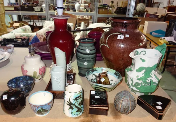Ceramics, including; a quantity of 20th century Studio pottery vases, bowls and sundry and a small Moorcroft lamp base, (qty).  S3M