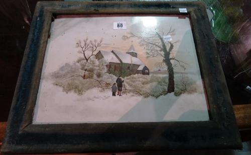 A Victorian painted rectangular porcelain plaque, painted with figures before a snowy church scene, 27cm wide x 34cm high.   CAB