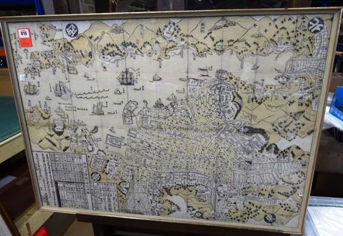 NAGASAKI - woodcut pictorial plan of the City & Port. 62 x 87cms., some background monochrome colouring, numerous ships within harbour, (ca. 1820).  *