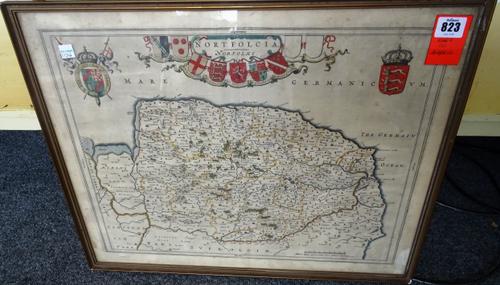 NORTFOLCIA; Norfolke - 38 x 49cms., hand-coloured, armorial strapwork title, & 2 other armorials either side, (later 17th century).  *  no map maker's