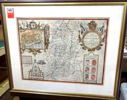 John SPEED - The Countie of Nottingham described  . . .  39 x 52cms., hand-coloured, inset plan of Nottingham, armorials etc., John Sudbury and George