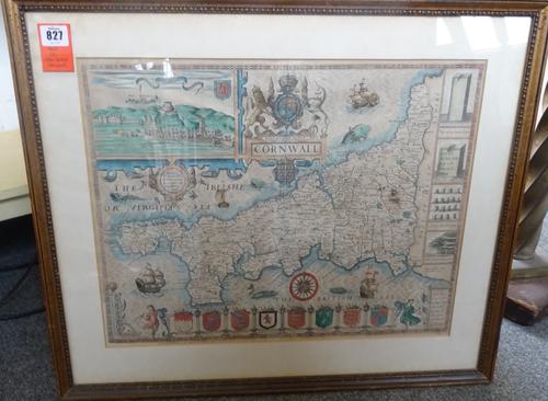 John SPEED - Cornwall. 39 x 51cms., within mount, hand-coloured, birds-eye view of Launceston, armorials along lower border, antiquities, galleons & m