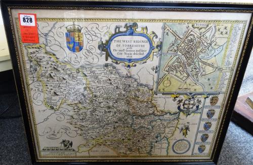 John SPEED - The West Ridinge of Yorkshyre  . . .  41 x 52cms., hand-coloured, inset plan of York, title within strapwork decoration, armorials etc.