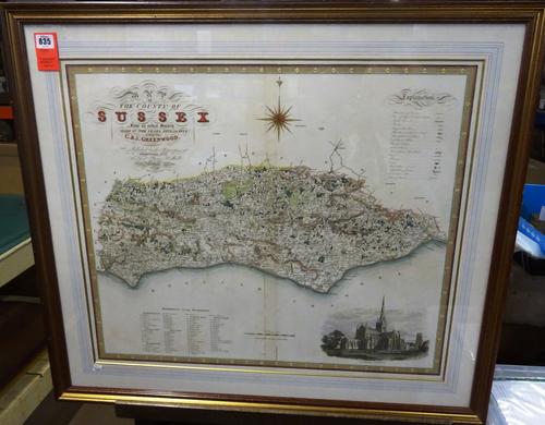 C. & J. GREENWOOD - Map of the County of Sussex, from an actual survey made in the years 1823 & 1824. 59 x 70cms. within mount, hand-coloured, engrave