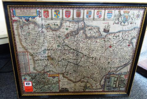 John SPEED - Kent  . . .  38 x 50cms. within hogarth frame, hand-coloured, inset birds eye plans of the cities of Canterbury & Rochester, coloured arm
