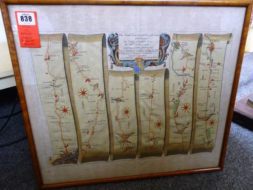JOHN OGILBY - The Road from London to Arundel  . . .  42 x 49cms. (full sheet, within frame), hand-coloured, engraved title & 6 detailed strip maps.