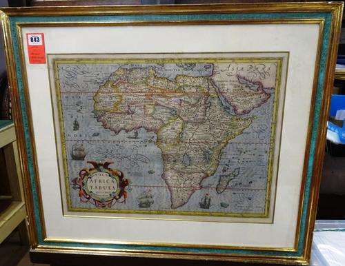 Jodocus HONDIUS - Nova Africae Tabula.  39 x 52cms. (within mount), hand-coloured, decorative cartouche title, ships & sea monsters, graticule calibra