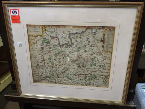 John NORDEN / William KIP - Surrey olim sedes Regnorum.  29 x 38cms., (within mount), hand-coloured, cartouche title. (? 1610)  *  from Camden's Brita
