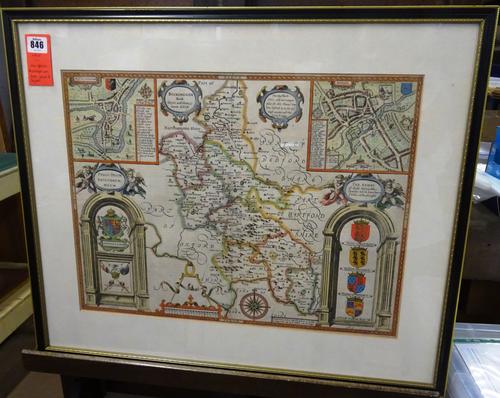 John SPEED - Buckingham: both shyre, and shire - towne describ.  39 x 51cms. (within mount), hand-coloured, inset plans of Buckingham & Reading, armor