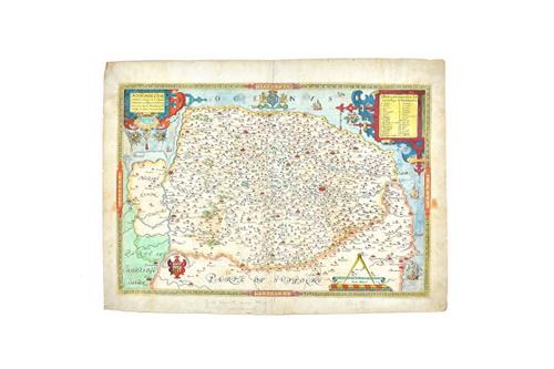 Christopher SAXTON - Norfolciae  . . .  39 x 53cms., (single sheet), engraved by Cornelis de Hooghe, hand-coloured, decorated strapwork title & index