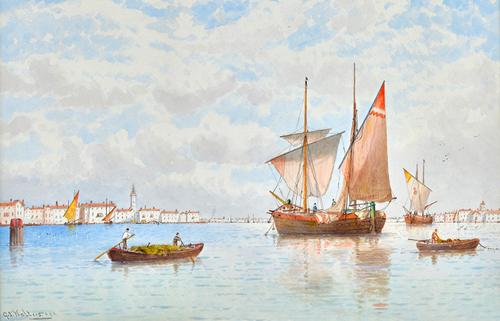George Stanfield Walters (1838-1924), Fishing smacks off Venice, watercolour, signed, unframed, 29cm x 45cm. Illustrated