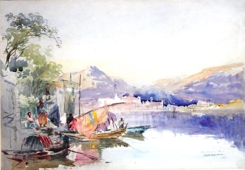 Charles Rowbotham (1856-1921), Italian lake scene with fishing smacks, watercolour, signed and dated 1887, unframed, 25cm x 36cm.