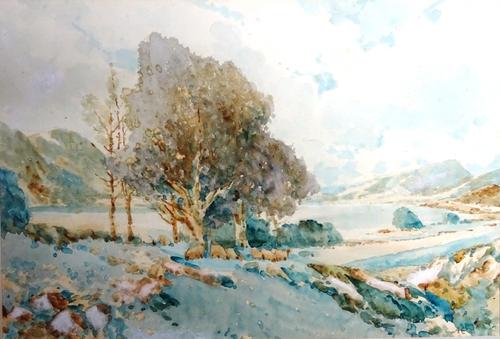 Attributed to Sir Alfred East (1849-1913), Landscape, watercolour, bears monogram and date 1911, unframed, 24cm x 35.5cm.