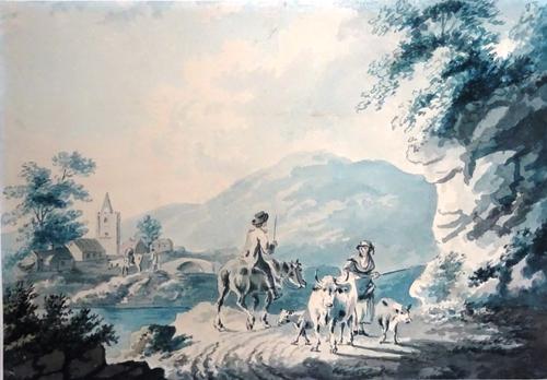 A group of five 19th century works, including landscape subjects, four pen, ink and watercolour, one pen and ink, all unframed, the largest 23.5cm x 3