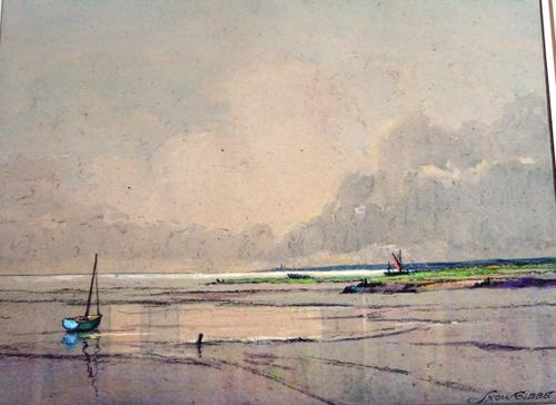 Snow Gibbs (1882-1970), Evening Leigh on Sea, Essex, watercolour, signed, inscribed on reverse ,unframed, 27.5cm x 37.5cm. DDS