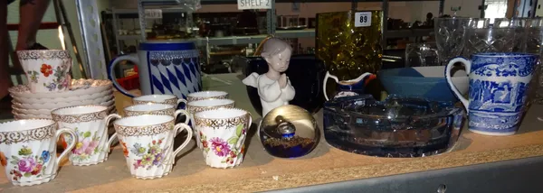 Ceramics, including; Dresden cups and saucers, Lladro figures, an amber Studio glass vase and sundry, (qty).   S3T