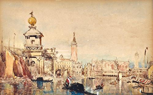 English School (19th century), View of Venice from the Customs House, pen, ink and watercolour, 13.5cm x 21.5cm.; together with a 20th century waterco
