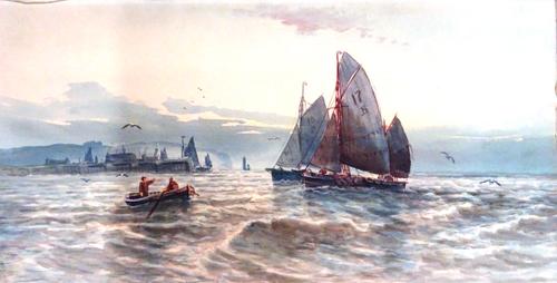 Robert Anderson (1842-1885), Boats off the Shore, watercolour, signed, together with its pair signed Wilton, both unframed, each 25cm x 48cm, (2).